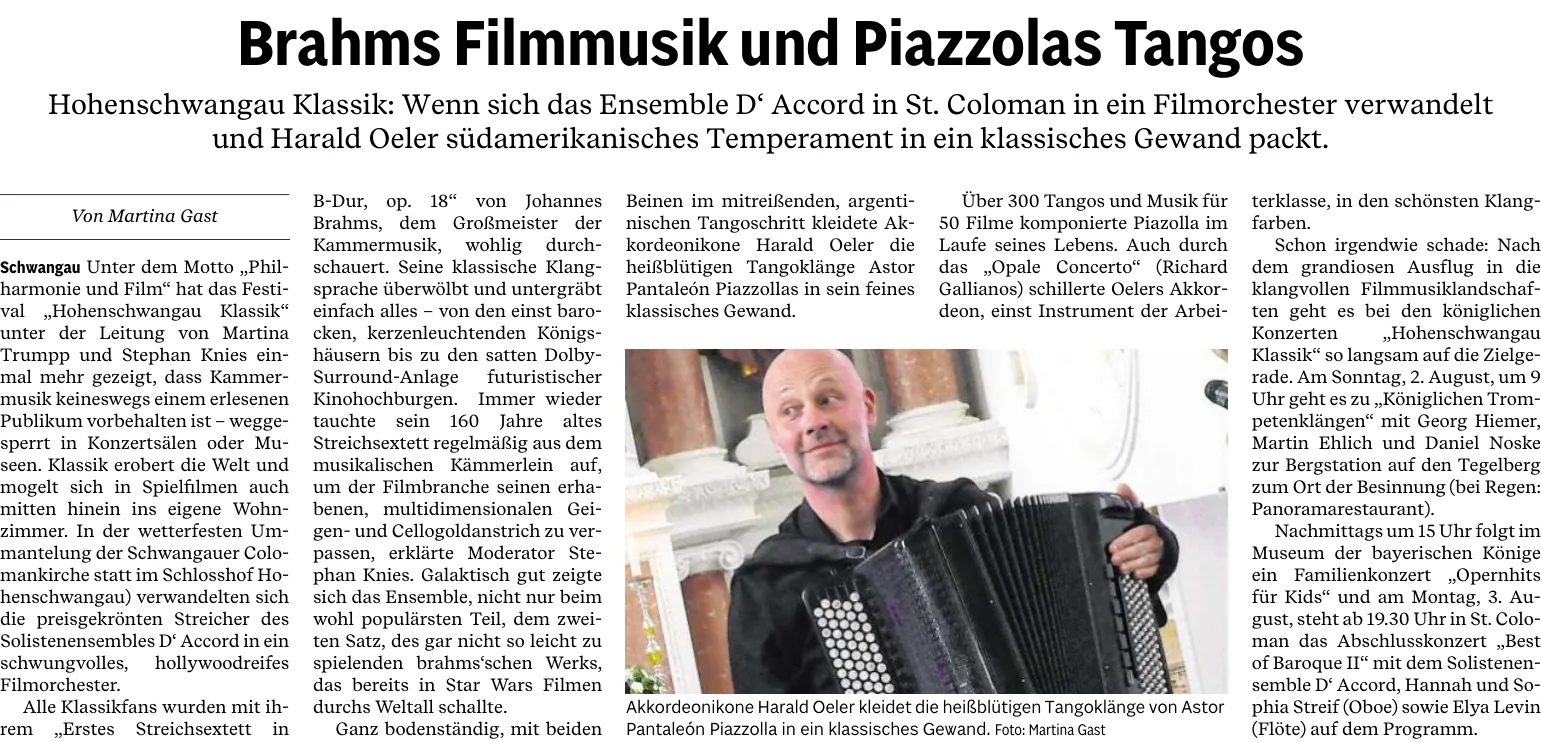 Zeitungsausschnitt Füssener Zeitung — Brahms, Filmmusik und Piazzolas Tangos