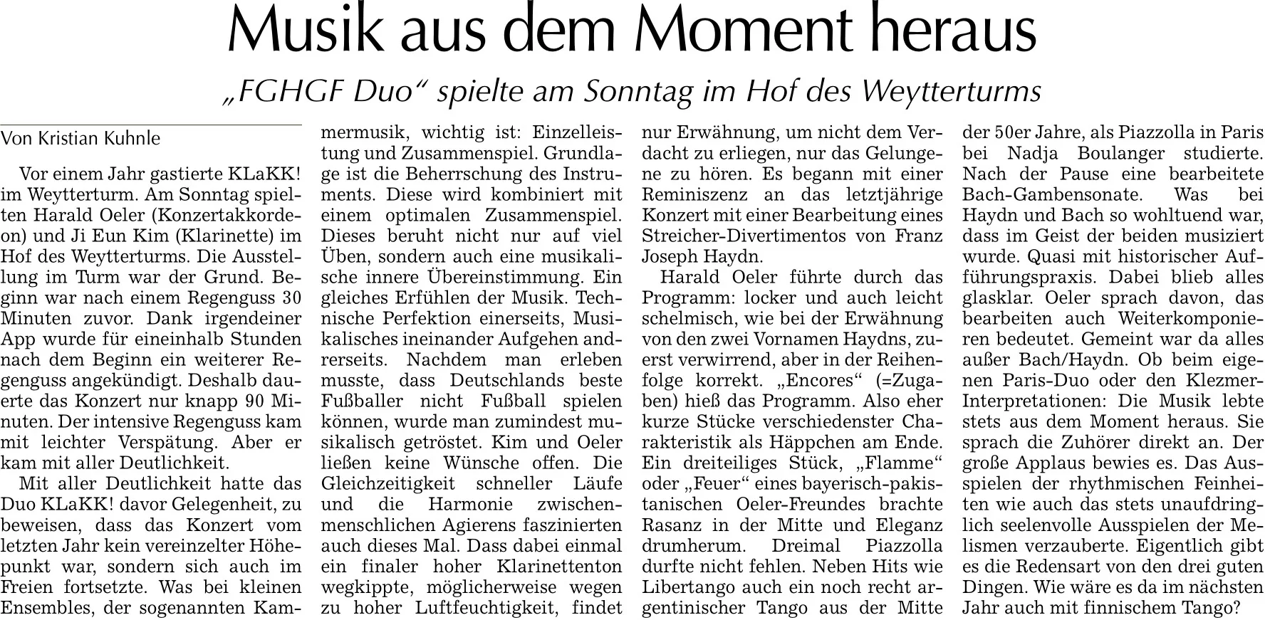 Zeitungsausschnitt Straubinger Tagblatt — Musik aus dem Moment heraus